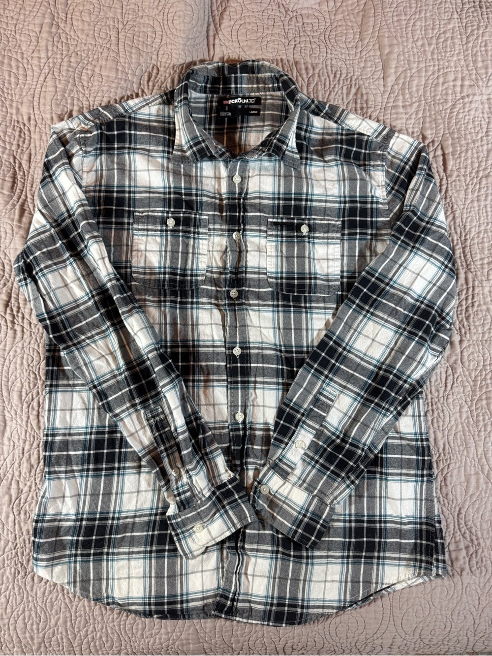 Ecko Unltd Men's L Plaid Flannel Button-Down Shirt Black White Teal Cotton